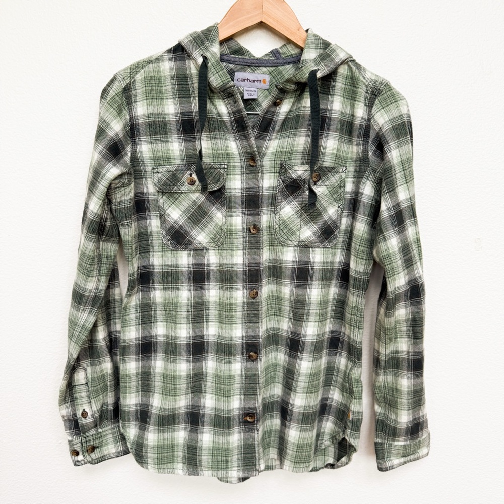 Carhartt Green Plaid Hooded Flannel Button Down Shirt Size XS